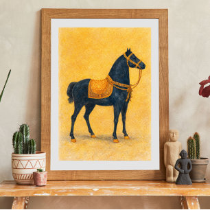 Elegant Black Horse with Golden Harness Art Poster