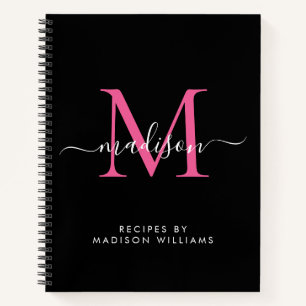 Elegant Black Hot Pink Monogram Script Name Recipe Notebook