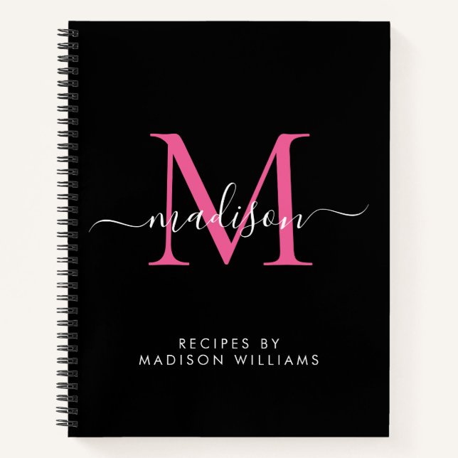 Elegant Black Hot Pink Monogram Script Name Recipe Notebook (Front)