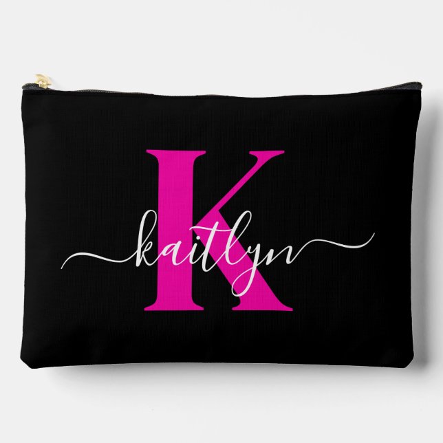 Elegant Black Hot Pink Script Monogram Accessory Pouch (Front)