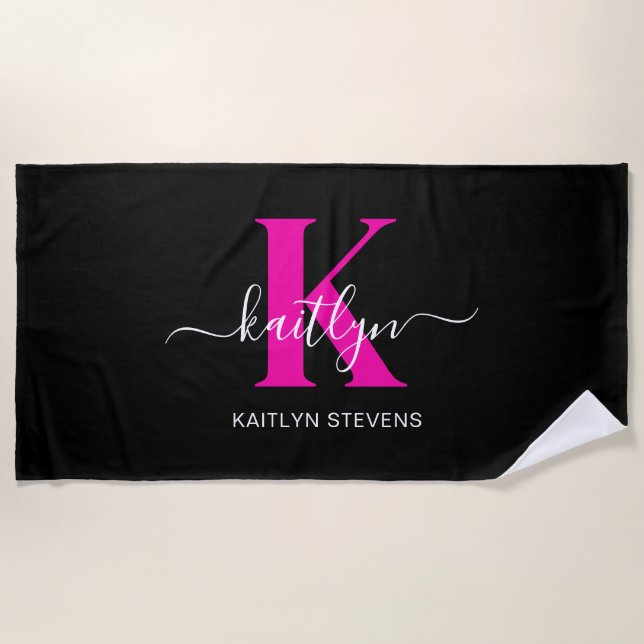 Elegant Black Hot Pink Script Monogram Beach Towel (Front)