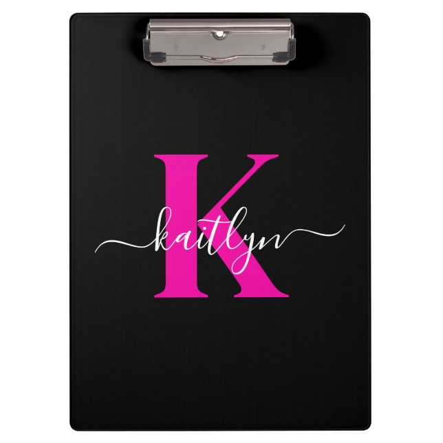 Elegant Black Hot Pink Script Monogram Clipboard (Front)