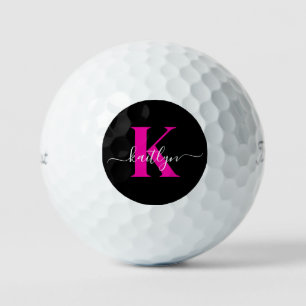 Elegant Black Hot Pink Script Monogram Golf Balls