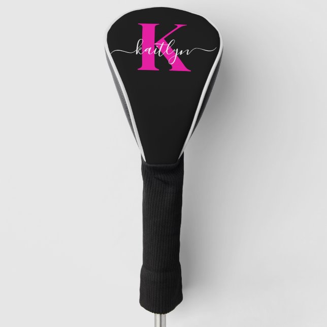 Elegant Black Hot Pink Script Monogram Golf Head Cover (Front)