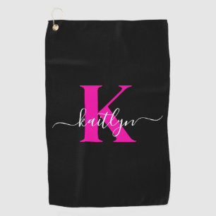 Elegant Black Hot Pink Script Monogram Golf Towel