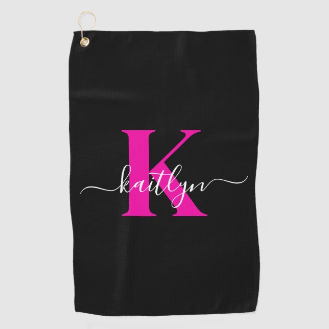 Elegant Black Hot Pink Script Monogram Golf Towel (Front)