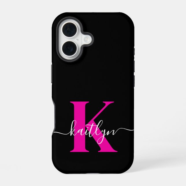 Elegant Black Hot Pink Script Monogram iPhone 16 Case (Back)