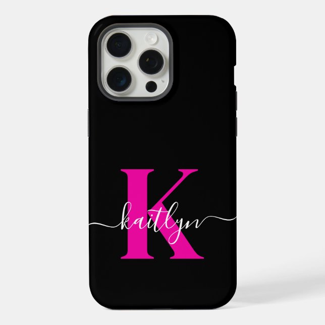 Elegant Black Hot Pink Script Monogram iPhone Case (Back)