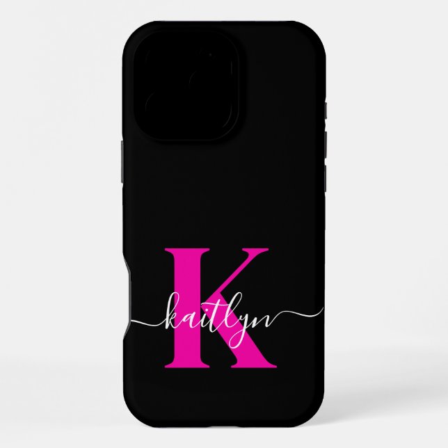 Elegant Black Hot Pink Script Monogram iPhone Case (Back)