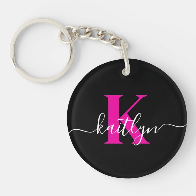Elegant Black Hot Pink Script Monogram Key Ring (Front)