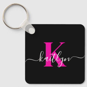Elegant Black Hot Pink Script Monogram Key Ring