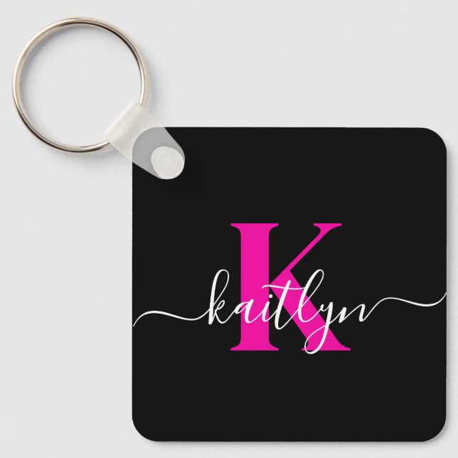 Elegant Black Hot Pink Script Monogram Key Ring (Front)
