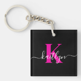Elegant Black Hot Pink Script Monogram Key Ring