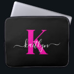 Elegant Black Hot Pink Script Monogram Laptop Sleeve<br><div class="desc">This simple,  elegant 15" black laptop sleeve with your first name in a trendy script font in white and your first initial in a modern cap font in hot pink is perfect for you.  It's stylish and trendy and yet very classic. It's unique - like you!</div>
