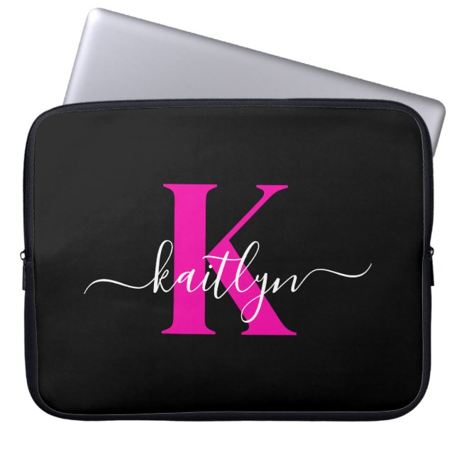 Elegant Black Hot Pink Script Monogram Laptop Sleeve (Front)