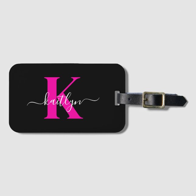 Elegant Black Hot Pink Script Monogram Luggage Tag (Front Horizontal)