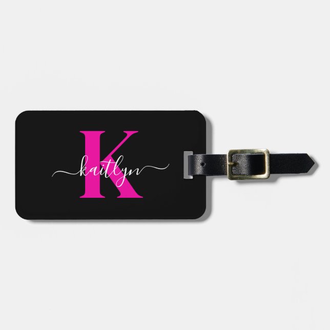 Elegant Black Hot Pink Script Monogram Luggage Tag (Front Horizontal)