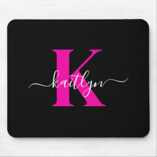 Elegant Black Hot Pink Script Monogram Mouse Mat