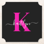 Elegant Black Hot Pink Script Monogram Paper Coaster<br><div class="desc">These simple, elegant black ticket shaped paper coasters with your first name in a trendy script font in white typed over your first initial in a modern cap font in hot pink are perfect for keeping your tables and counters free from water rings. They absorb droplets so you don't have...</div>