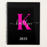 Elegant Black Hot Pink Script Monogram Planner<br><div class="desc">This simple, elegant black 8.5 x 11 soft planner with your first name in a trendy script font in white typed over your first initial in a modern cap font in hot pink is perfect for you. It's stylish and trendy and yet very classic. It will make keeping appointments, meetings,...</div>