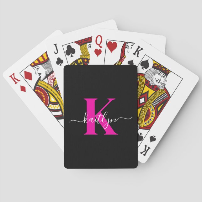 Elegant Black Hot Pink Script Monogram Playing Cards (Back)
