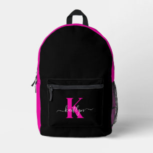 Elegant Black Hot Pink Script Monogram Printed Backpack