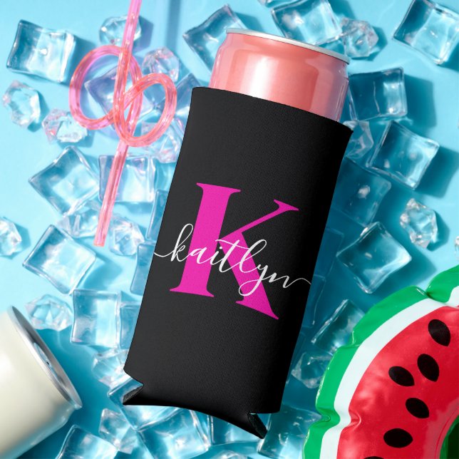 Elegant Black Hot Pink Script Monogram Seltzer Can Cooler (In Situ Summer)