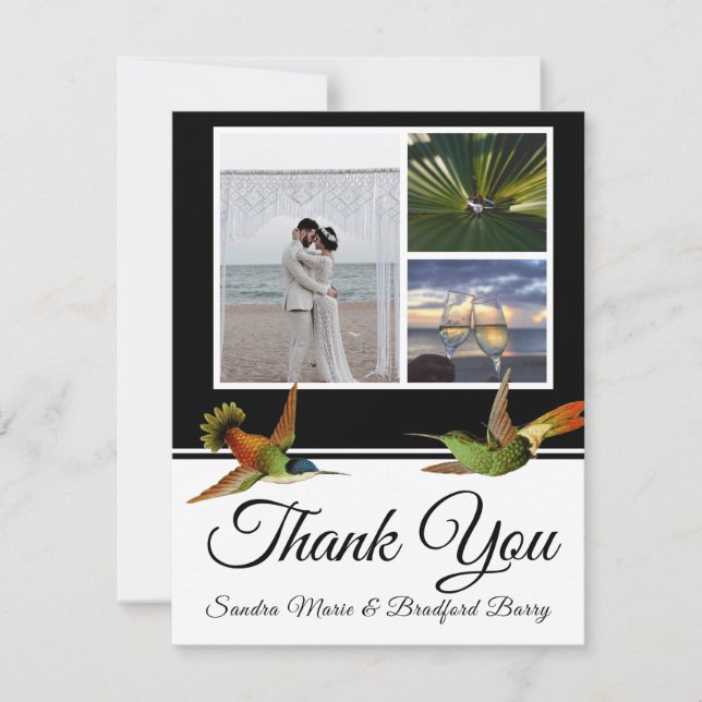 Elegant Black Hummingbird Wedding Photo collage Thank You Card (Front)
