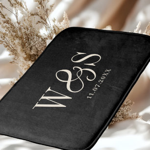 Elegant black initial wedding couples bath mat