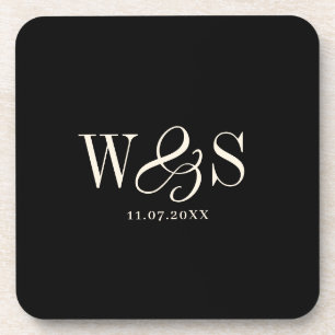 Elegant black initial wedding couples coaster