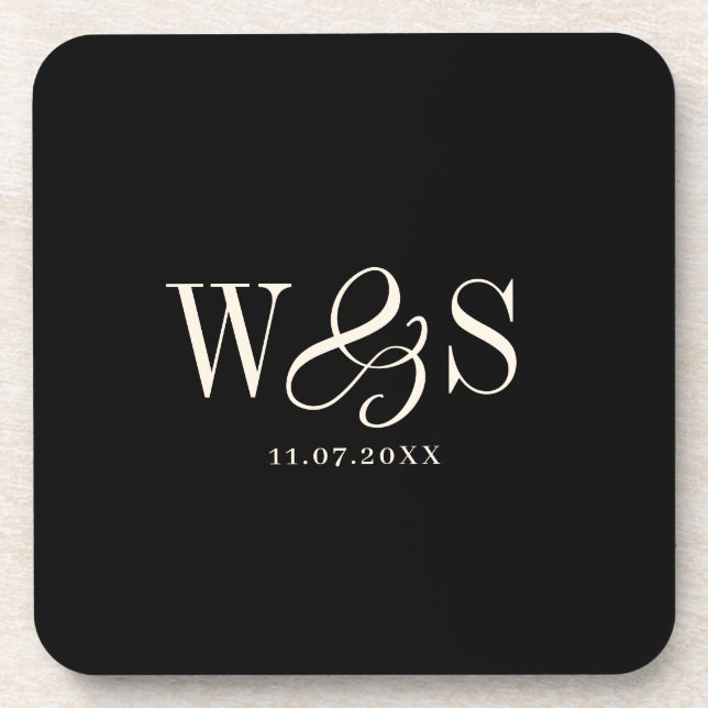 Elegant black initial wedding couples coaster (Front)