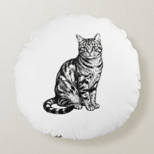 Elegant Black Ink Cat Sketch Illustration PNG Round Cushion