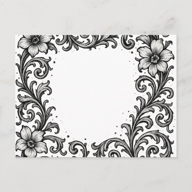Elegant Black Ink Floral Border Design Postcard (Front)