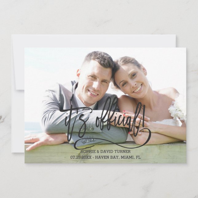 Elegant Black It's official Calligraphy Wedding Announcement (Front)