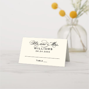 Elegant Black Ivory Calligraphy Wedding Monogram Place Card