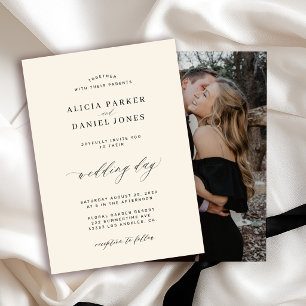 Elegant black ivory classic custom photo wedding invitation