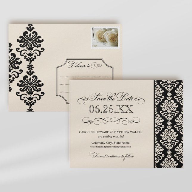 Elegant Black Ivory Damask Scrollwork Wedding Announcement Postcard (Creator Uploaded)