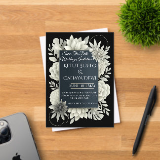 Elegant Black & Ivory Floral Wedding Invitation 