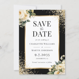 Elegant Black Ivory Gold Confetti Floral Wedding Save The Date