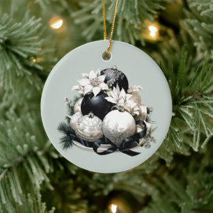 Elegant black ivory sage green Christmas ornament