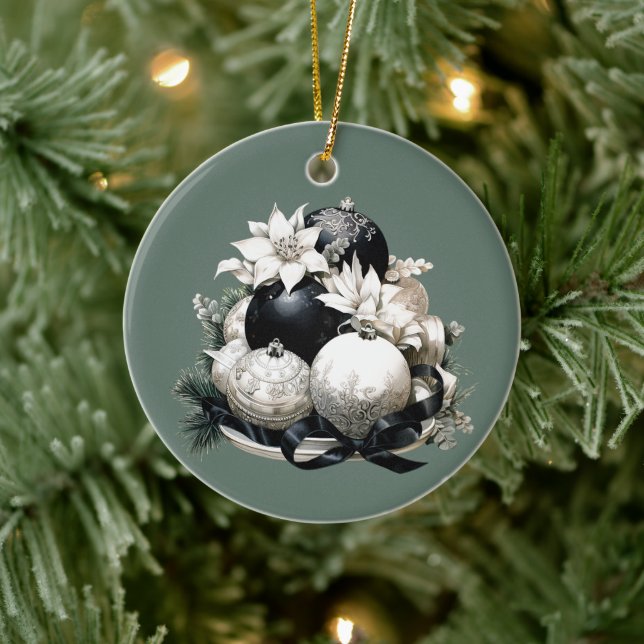Elegant black ivory sage green Christmas ornament (Tree)