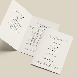 Elegant black ivory script folded wedding party programme