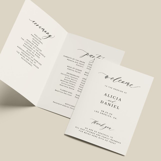Elegant black ivory script folded wedding party programme (Creator Uploaded)