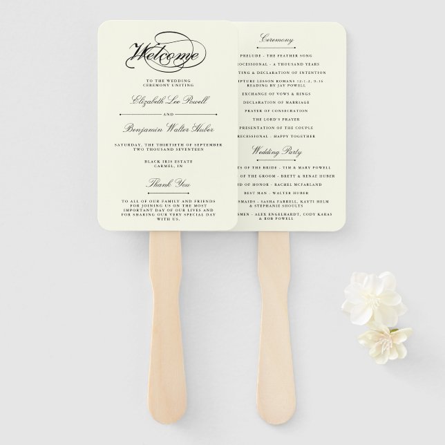 Elegant Black & Ivory Script Wedding Program Hand Fan (Front and Back)