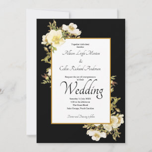 Elegant Black ivory Vintage Rose Luxury Wedding  Invitation