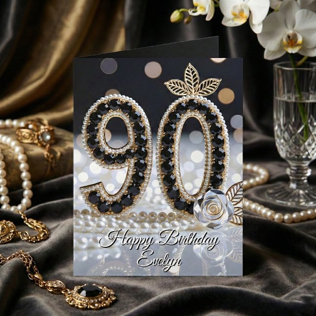 Elegant Black Jewels Pearls And Gold 90th Birthday Card (Creator Uploaded)