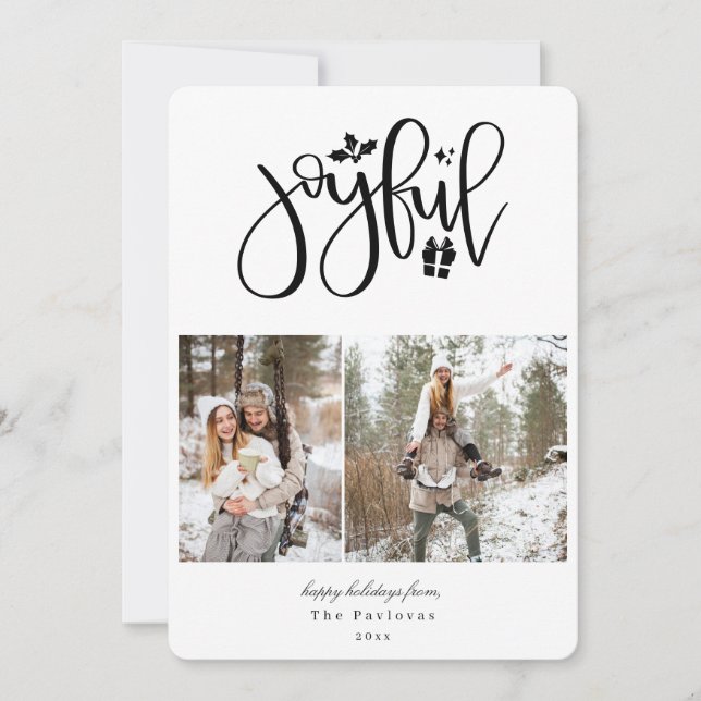 Elegant Black Joyful Photo Holiday Card (Front)
