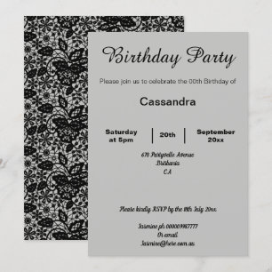 ELEGANT BLACK LACE AND SILVER BIRTHDAY PARTY INVITATION