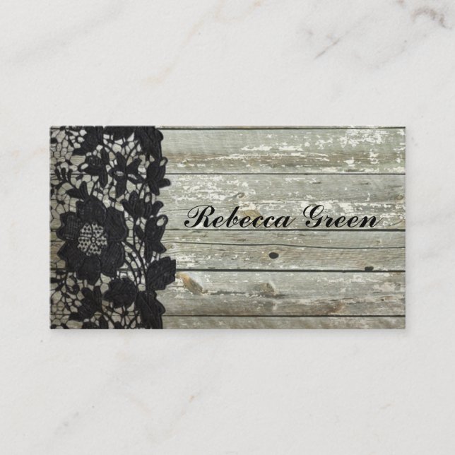 Elegant black lace barn wood country wedding business card (Front)