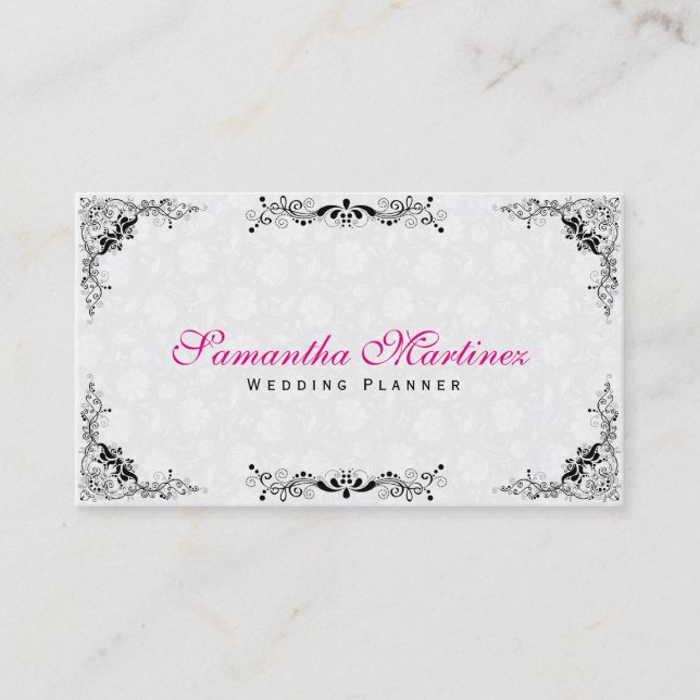 Elegant Black Lace Frame  White Damasks Business Card (Front)